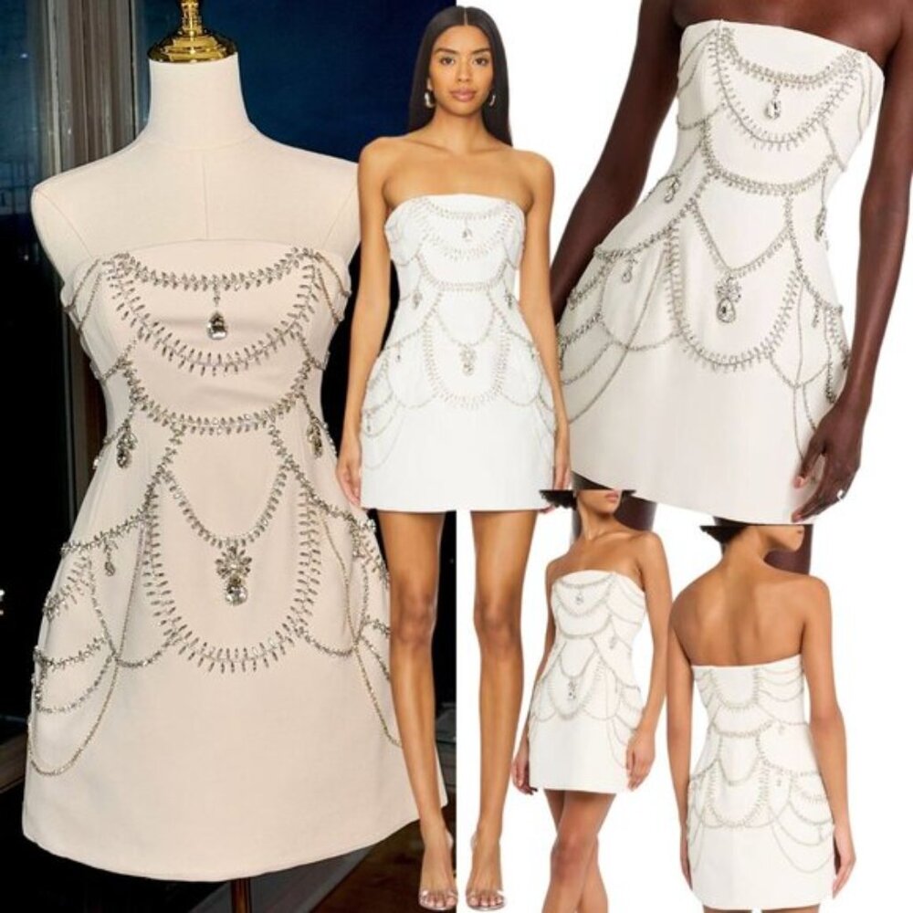 🆕 SIMKHAI 🧿 NWOT Arta Crystal Embellished Bustier Mini Dress, White, Sz US 2